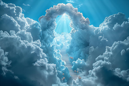 Conceptual image of opened door in clouds with stairs leading to heavenの写真素材