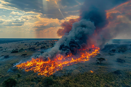 Aerial view of burning grassland at sunset. Natural disaster.の写真素材