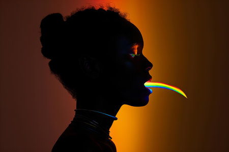 Silhouette of young african american woman blowing a rainbowの写真素材