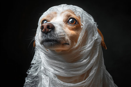Cute dog wrapped in gauze on black background, closeupの写真素材