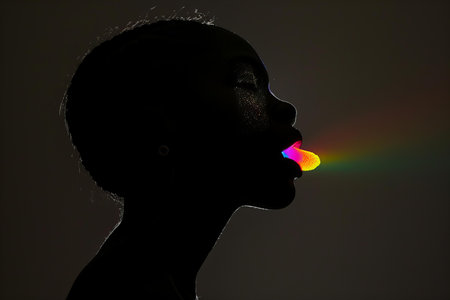 Silhouette of a woman with a rainbow in her hairの写真素材