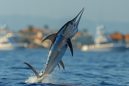 Blue marlin jumping from the water. Blue marlin fish jumping from the water. Blue marlin fish jumping from the water.の写真素材
