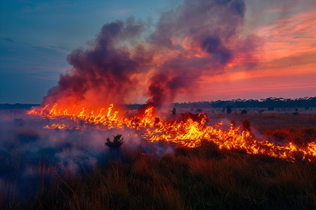 Burning dry grass in the field at sunset, natural disaster.