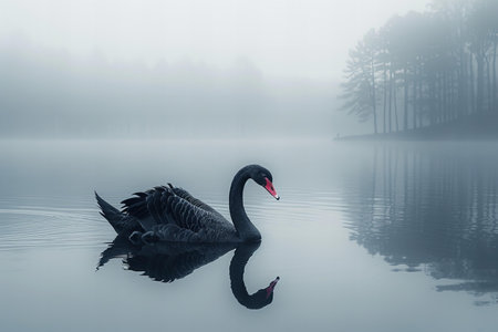 Black swan on the lake in the misty morning. Beautiful landscape.の写真素材