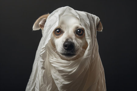 Portrait of a dog wrapped in a white cloth on a black backgroundの写真素材