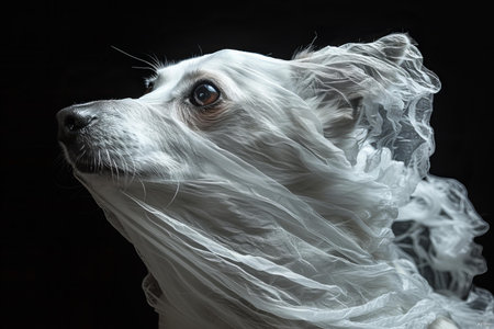 White chihuahua wrapped in a veil on a black backgroundの写真素材