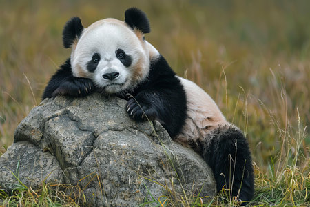 Giant panda sitting on a rock in the middle of the grassの写真素材