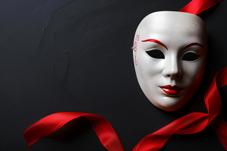 Theatre concept with the white mask and red ribbon on black backgroundの写真素材