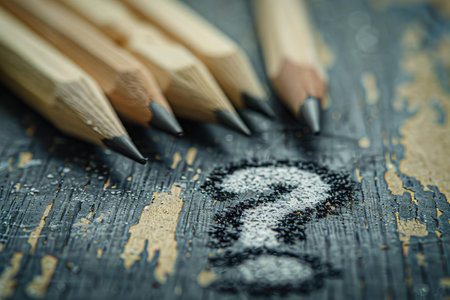 Pencils and question mark on grunge wooden background, business conceptの写真素材