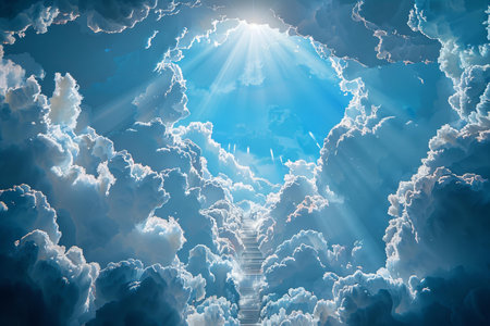 Staircase leading to heaven with sun rays and clouds. 3D renderingの写真素材