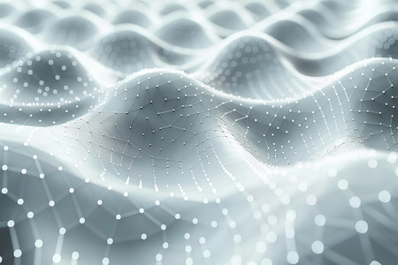 Abstract 3d rendering of wavy shape with connected lines and dots. Futuristic background.