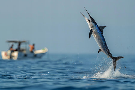 Swordfish jumping out of the water on the background of fishing boatsの写真素材