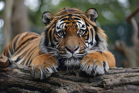 Sumatran tiger lying on a log. Portrait of a tiger.の写真素材