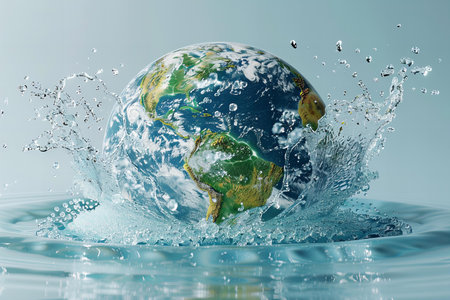 Planet earth in water with splashes and drops, 3d renderの写真素材