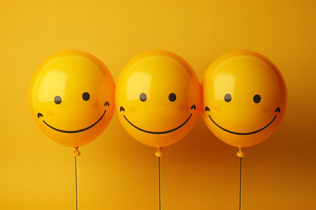 Smiling emoticon balloons on yellow background. 3d illustration.の写真素材