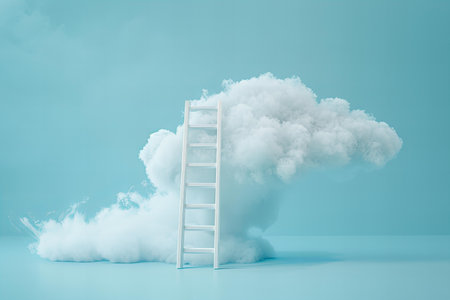 Conceptual image of ladder leading to white cloud on blue backgroundの写真素材