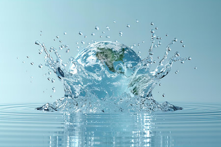 Water splashes around the globe on blue background. 3d renderの写真素材