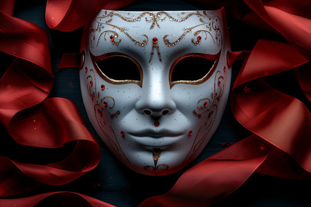 Venetian mask with red silk ribbons on dark wooden backgroundの写真素材