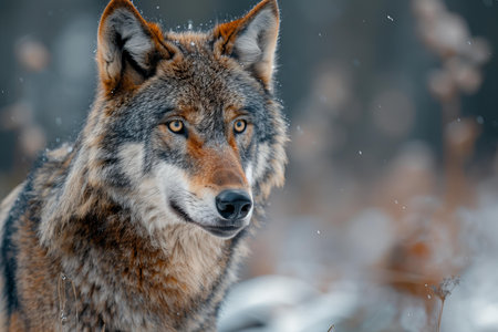 A gray wolf in the winter forest. Close-up portrait.の写真素材