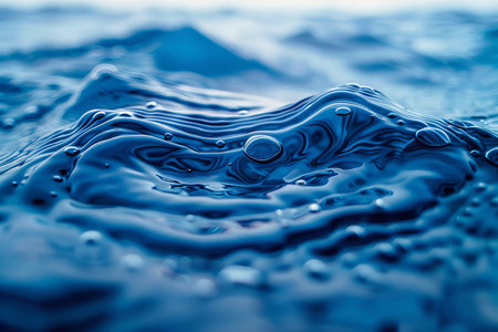 Blue water surface with ripples and drops close-up macro photographyの写真素材