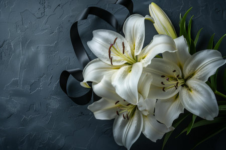 Beautiful white lily flowers and black ribbon on a dark backgroundの写真素材