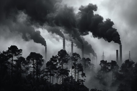 Smoke from the chimneys of an industrial plant in the forestの写真素材