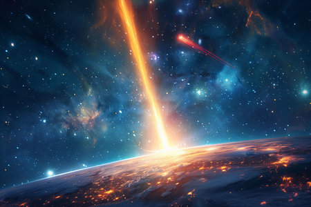 Space scene with nebulae and meteorite, 3d render