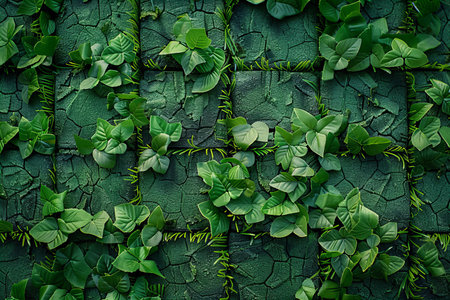 Green leaves on cracked wall background. 3d render illustration. Wallpaper.
