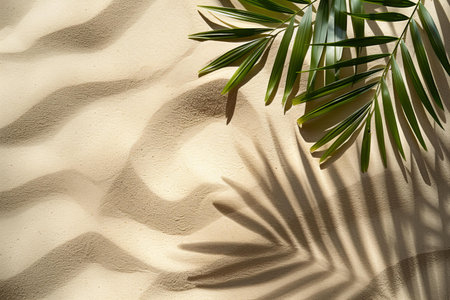 Palm leaf shadow on white sand beach background. Summer concept.の写真素材