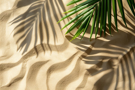 Palm leaf shadow on sand beach. Summer background with copy spaceの写真素材