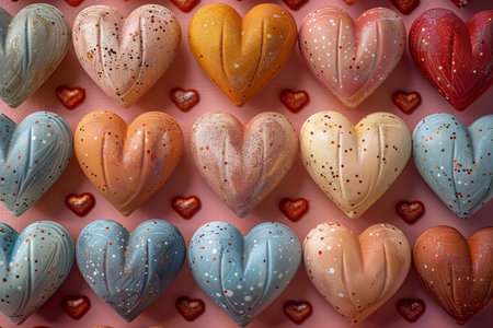 Colorful hearts on a pink background. Valentines Day concept.