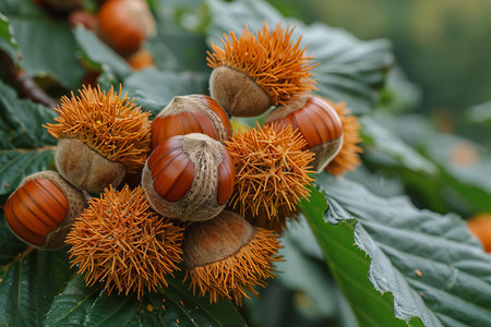 Hazelnuts on a tree in autumn, close-up.の写真素材