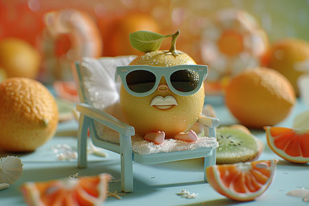 Fruits and sunglasses on a light blue background. Toned.の写真素材