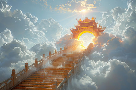 Golden gate of chinese temple in the blue sky with white cloudsの写真素材