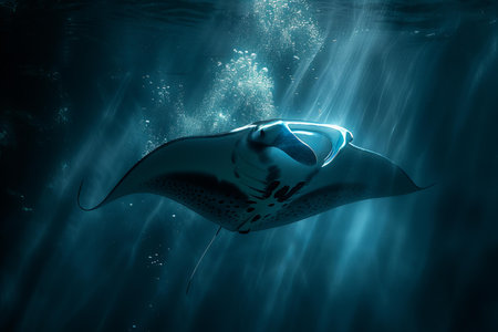 Manta ray in the deep blue ocean. Underwater photography.の写真素材