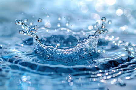 Water splash macro close up with water drops and ripples on blue backgroundの写真素材