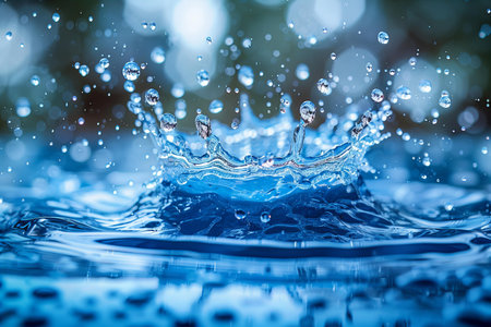 Water splash with ripples and drops of water on a blue background