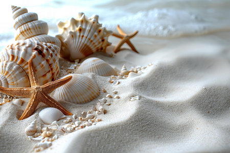 Seashells and starfish on sand, closeup view