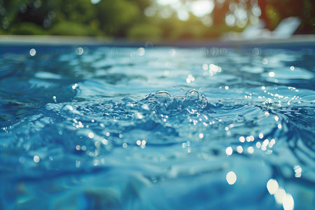 Water drop splashing in swimming pool with bokeh background.