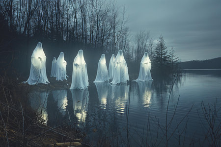 Ghosts in the fog on the lake. Halloween, horror.