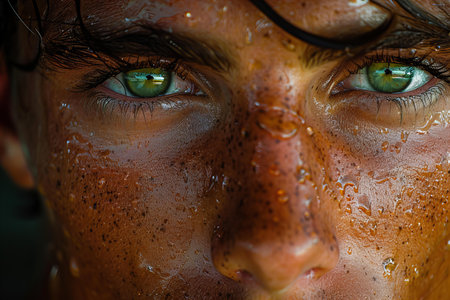 Close-up portrait of a beautiful girl with green eyes and wet skin