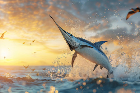 Marlin jumping out of the water at sunset. 3d rendering
