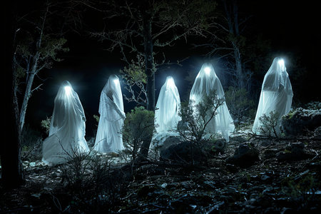 Ghosts in the forest at night. Halloween concept. Selective focus