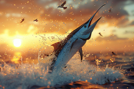 Marlin fish jumping out of water at sunset. 3D renderingの写真素材