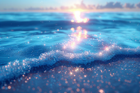 Sea water surface with waves and bokeh lights. 3d rendering