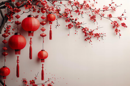Chinese new year background with red lanterns and cherry blossom branchesの写真素材