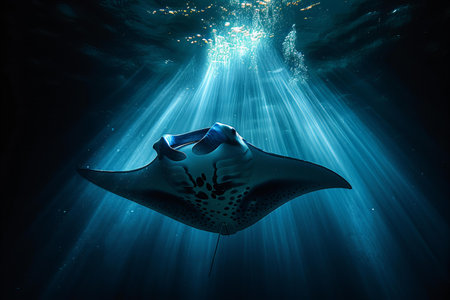 Manta ray in the deep blue sea. Underwater scene.