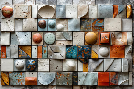 Ceramic tile wall with different shapes and sizes. Abstract background.の写真素材
