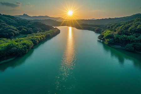 Aerial view of beautiful sunset over the Dnister river in Ukraineの写真素材