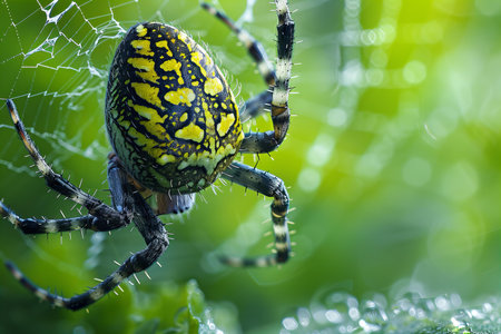 Spider on the spider web in the forest. Macro photography of insect.